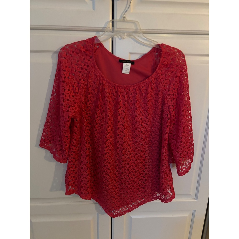 Jennie & Marlis Pink Floral Lace Blouse 3/4 Sleeve Scoop‎ Neck Top Size M